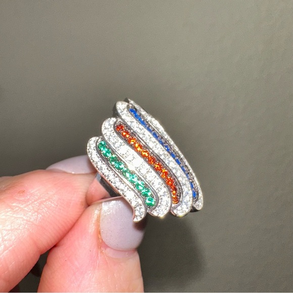 Patriotic Lab Ruby, Sapphire, Emerald, and Diamond Gemstone Wave Ring size 5 - Picture 5 of 5